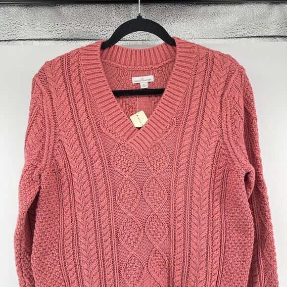 L.L. Bean Signature Women’s Pink Cotton Fisherman V-Neck Tunic Sweater Small - Picture 2 of 12